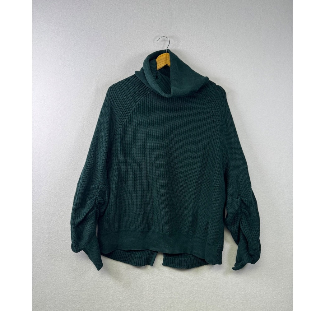 Cabi Turtleneck Sweater Women M Green Ruched Sleeve Split Back Cotton 3532